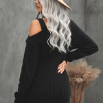 Black Strapped Cut out Shoulder Turtleneck Sweater