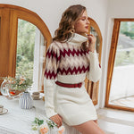 Casual turtleneck women knitted dress winter Puff sleeve hit color female mini dress High street ladies sweater dress