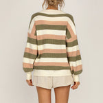 Knitted sweaters lantern sleeve women cardigan office lady stripe loose fall sweater