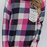Plaid Print Lace Pocket Long Sleeve Top