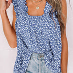 Green Floral Ruffled Straps Flowy Tank Top