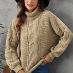 Solid Turtleneck Cable Knit Pullover Sweater