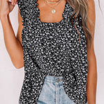 Green Floral Ruffled Straps Flowy Tank Top