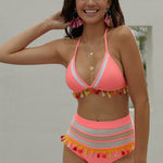 Red Pom Pom Mesh Insert High Waist Bikini