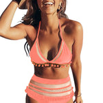 Red Pom Pom Mesh Insert High Waist Bikini