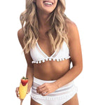 Red Pom Pom Mesh Insert High Waist Bikini
