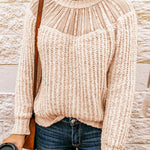 Beige Round Neck Lace Splicing Knitted Sweater