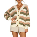 Knitted sweaters lantern sleeve women cardigan office lady stripe loose fall sweater