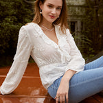 Sexy white pattern ruched women blouse V-neck long sleeves ruffle peplum top Elegant casual high street short shirt 2020