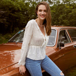 Sexy white pattern ruched women blouse V-neck long sleeves ruffle peplum top Elegant casual high street short shirt 2020