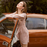 Chic pink tiny flowers ruched women dress V-neck pearl button long sleeve A-line dress Office autumn winter mini dress