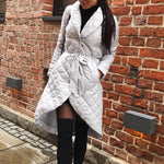 Chic diamond pattern waist band women down V-neck asymmetric long coat winter coat