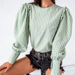 Light green autumn winter women blouse Vintage office lady puff long sleeve top Causal stripe ruffle blouse