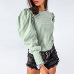 Light green autumn winter women blouse Vintage office lady puff long sleeve top Causal stripe ruffle blouse