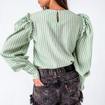 Light green autumn winter women blouse Vintage office lady puff long sleeve top Causal stripe ruffle blouse