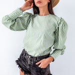 Light green autumn winter women blouse Vintage office lady puff long sleeve top Causal stripe ruffle blouse