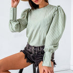 Light green autumn winter women blouse Vintage office lady puff long sleeve top Causal stripe ruffle blouse