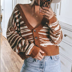 Brown stripe autumn winter women cardigan Office lady off shoulder sweater V-neck cross fashion cardigan