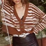 Brown stripe autumn winter women cardigan Office lady off shoulder sweater V-neck cross fashion cardigan