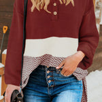 Splicing Buttoned Knitted Long Sleeve Sweater