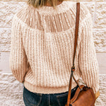 Beige Round Neck Lace Splicing Knitted Sweater