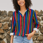 Red Blue Striped Modern Women Shirt