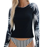 Leopard Palm Tree Print Striped Bottom Long Sleeve Tankini