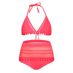 Red Pom Pom Mesh Insert High Waist Bikini