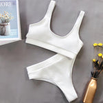 Fors Ribbed Solid Blue Swimsuit Female Sport High Waist Swimwear Women Vintage High Cut Sexy Bikini Set Padded Bathing Suit