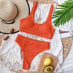 Fors Ribbed Solid Blue Swimsuit Female Sport High Waist Swimwear Women Vintage High Cut Sexy Bikini Set Padded Bathing Suit