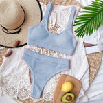 Fors Ribbed Solid Blue Swimsuit Female Sport High Waist Swimwear Women Vintage High Cut Sexy Bikini Set Padded Bathing Suit
