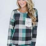 Plaid Print Lace Pocket Long Sleeve Top