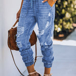 Pocketed Distressed Denim Joggers