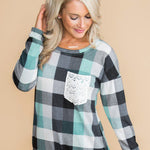 Plaid Print Lace Pocket Long Sleeve Top