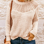 Beige Round Neck Lace Splicing Knitted Sweater