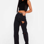 Women Clothing High Waist Straight Slimming Cool Black Denim Trousers Mop Hem Split Smooth Micro-Flared Pants