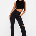 Women Clothing High Waist Straight Slimming Cool Black Denim Trousers Mop Hem Split Smooth Micro-Flared Pants