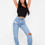Women Clothing High Waist Straight Slimming Cool Black Denim Trousers Mop Hem Split Smooth Micro-Flared Pants