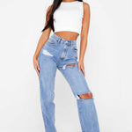 Women Clothing High Waist Straight Slimming Cool Black Denim Trousers Mop Hem Split Smooth Micro-Flared Pants