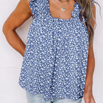 Green Floral Ruffled Straps Flowy Tank Top