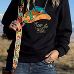 Letter Desert Hat Print Long Sleeve Black Sweatshirt