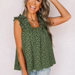 Green Floral Ruffled Straps Flowy Tank Top