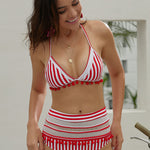 Red Pom Pom Mesh Insert High Waist Bikini