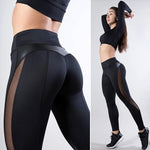 EP Sexy Mesh Leather Patchwork Black Leggings Women High Waist Fitness Push Up Hiking Legging Pants Jogging Femme