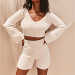 EP Casual Two Piece Sets Flare Sleeve Sweatshirts 2 Piece Shorts Set Sexy Fluffy Suits Lounge Set