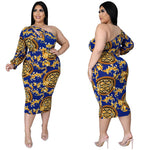 Plus Size Women Clothes Sexy Cutout One-Shoulder Long Sleeve Printed Dress Fishtail Skirt