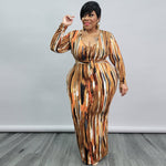 Women Clothing Spring New Printing and Dyeing U Collar with Belt Skinny Long plus Size Dress