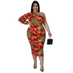 Plus Size Women Clothes Sexy Cutout One-Shoulder Long Sleeve Printed Dress Fishtail Skirt