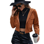 Corduroy Casual Short Shipment Hooded Pocket Jacket  Zipper Coat Top Women