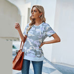 Summer New Leopard Print Printed Short-Sleeved Top Female round Neck Pullover Top